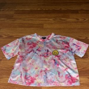 Cropped Smile Face Tie-Dye Mesh Shirt New